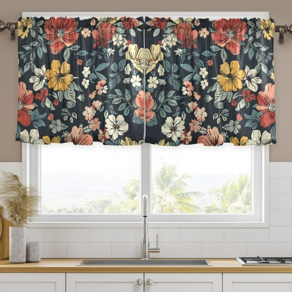 Ryvnso Ethnic Flowers Paint Curtains Sets Short Curtain Rod Pocket Half Window Cafe Farmhouse Tier 2 Panels 57"W x 24"L