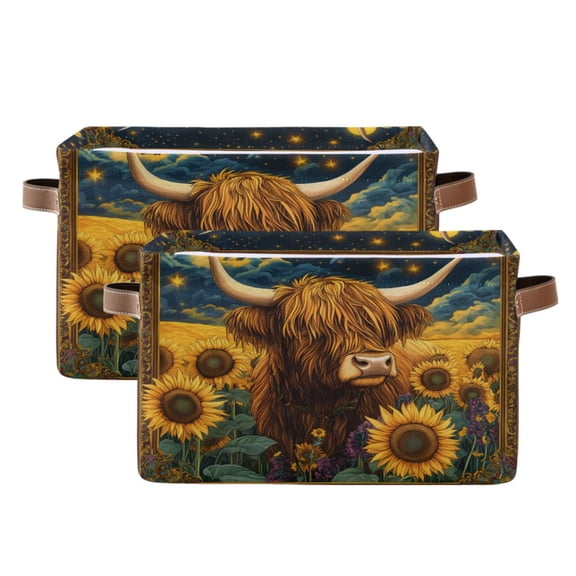 Ryvnso Ethnic Highland Cattle Storage Basket Large Bin Foldable Boxes Toys Organizer 14.2x10.2x8.3in 2 PCs