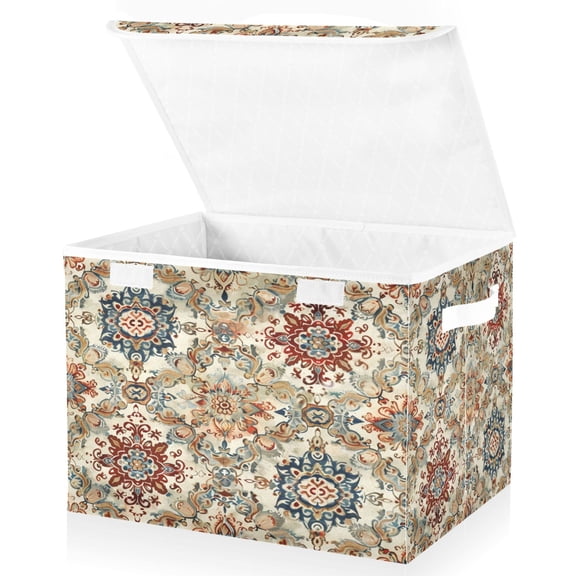 Ryvnso Ethnic Indian Mandala Paisley Rustic Large Lidded Foldable Storage Baskets Cubes Boxes Lids Bin for Home