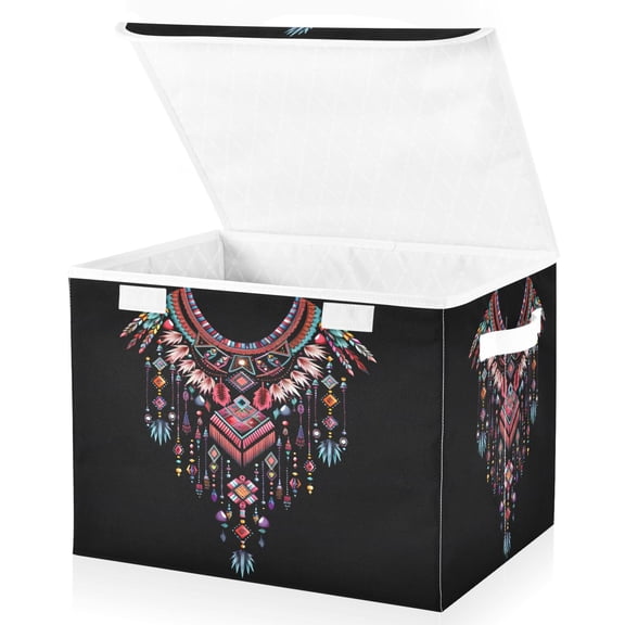 Ryvnso Ethnic Oriental Necklace Large Lidded Foldable Storage Baskets Cubes Boxes Lids Bin for Home