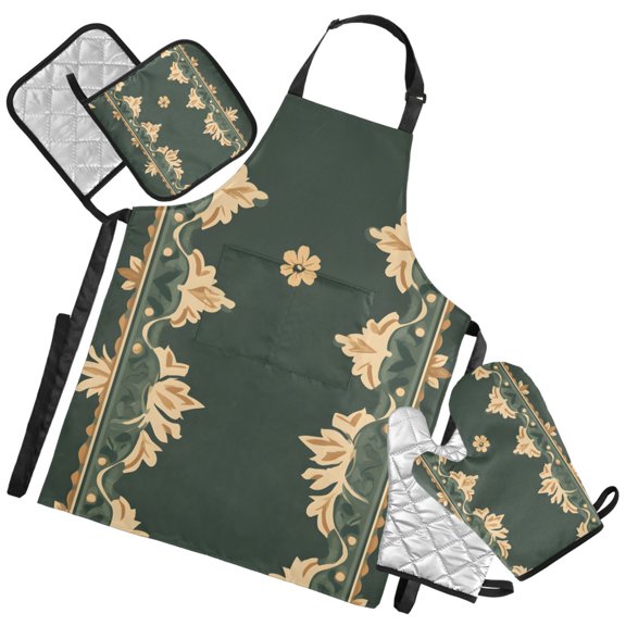 Ryvnso Ethnic Retro Boho Flowers Kitchen Apron Oven Mitts Set Pot Holders