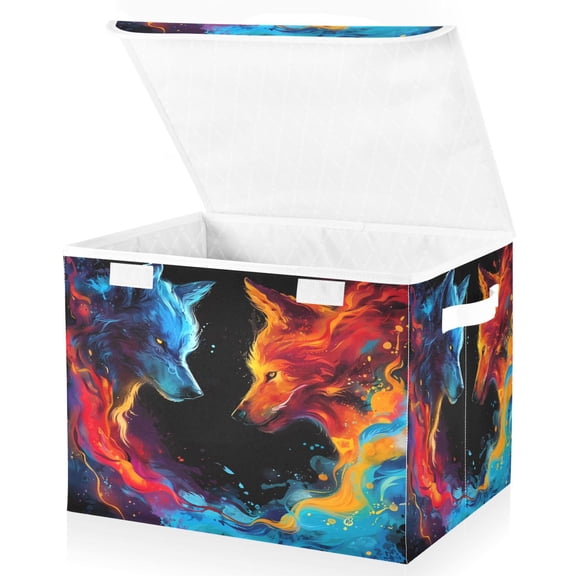 Ryvnso Fantasy Art Wolf Large Lidded Foldable Storage Baskets Cubes Boxes Lids Bin for Home