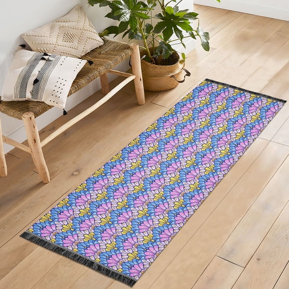 Ryvnso Fantasy Mermaid Scale Floral Bedroom Runner Rug 2'x6' Hallway Area Carpet Non Slip Entryway Mat with Tassels