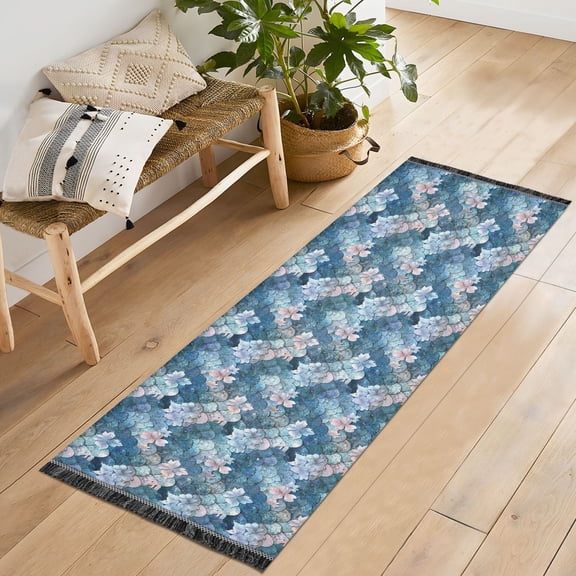 Ryvnso Fantasy Mermaid Scale Flower Bedroom Runner Rug 2'x6' Hallway Area Carpet Non Slip Entryway Mat with Tassels