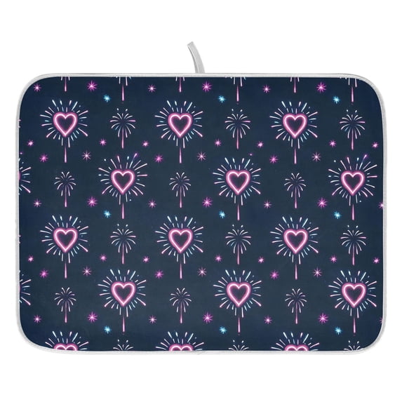 Ryvnso Fireworks Hearts Dish Drying Mat for Kitchen Countertop 16x18 Small Dish Pad Drainer Rack Dish Sink Mats
