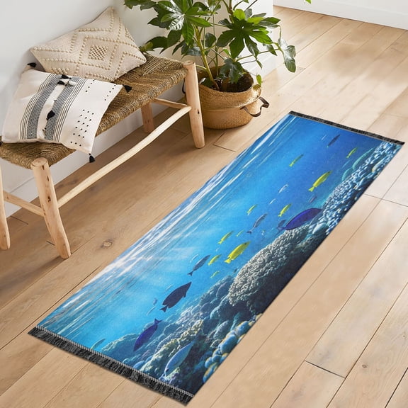 Ryvnso Fish Ocean Bedroom Runner Rug 2'x6' Hallway Area Carpet Non Slip Entryway Mat with Tassels
