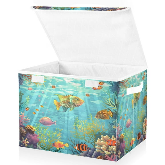 Ryvnso Fish Ocean View Pattern Large Lidded Foldable Storage Baskets Cubes Boxes Lids Bin for Home