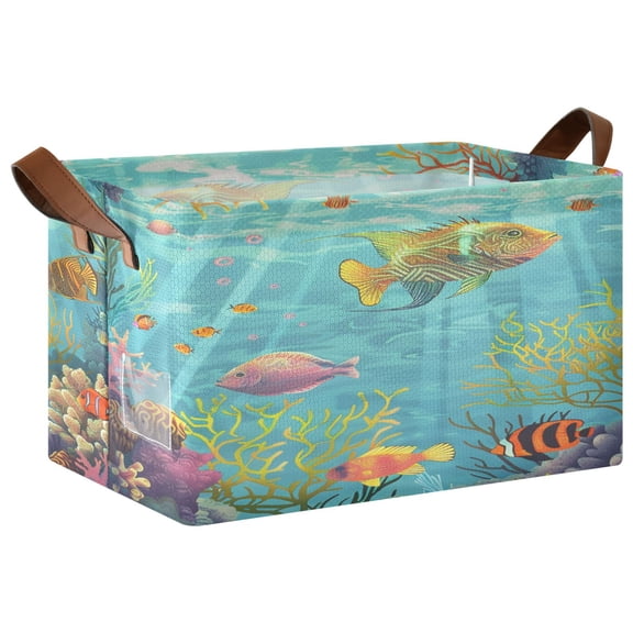 Ryvnso Fish Ocean View Pattern Storage Bins Large Basket Foldable Cube Toys Organizer with Handles 1 PC