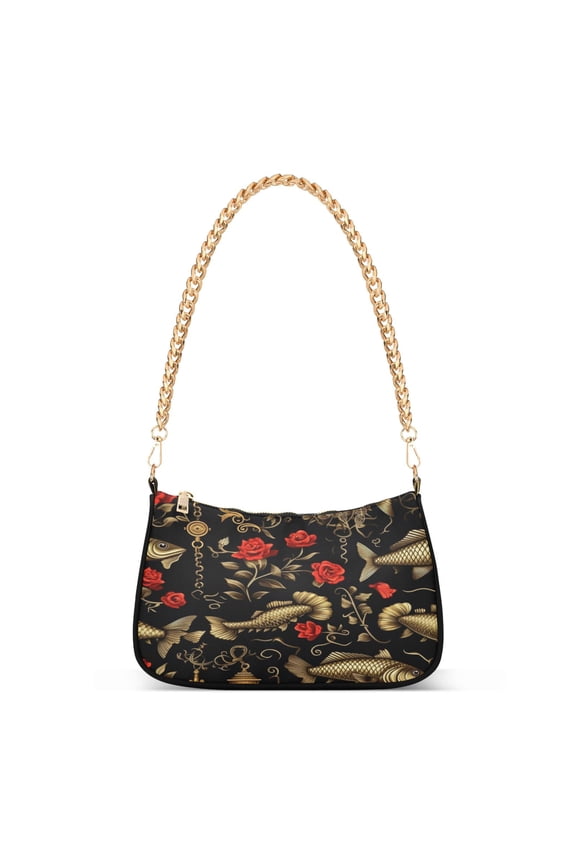 Fish Rose Flowers Retro Womens Chain Shoulder Bag Tote Handbags Clutch Hobo Purse with Zipper for Travel