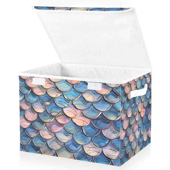 Ryvnso Fish Scales Large Lidded Foldable Storage Baskets Cubes Boxes Lids Bin for Home
