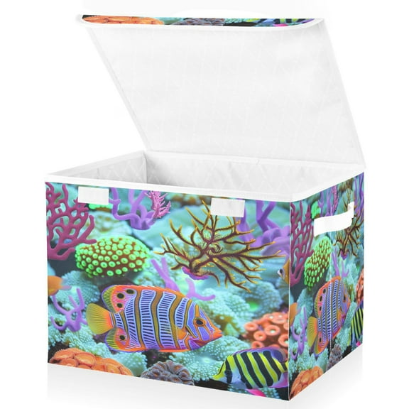 Ryvnso Fish in Ocean Coral Large Lidded Foldable Storage Baskets Cubes Boxes Lids Bin for Home