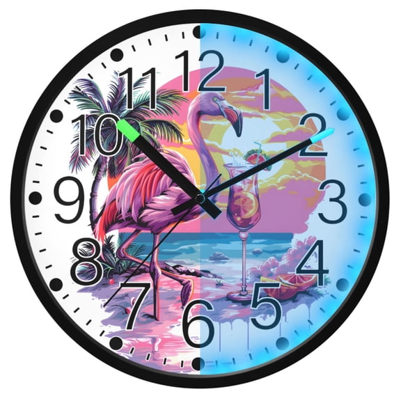 Ryvnso Flamingo Drinking Cocktail Sunset 12 Inch Night Light Wall Clock Silent Battery Operated Luminous Clocks