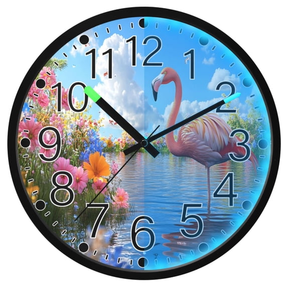 Ryvnso Flamingo Flower River 12 Inch Night Light Wall Clock Silent Battery Operated Luminous Clocks