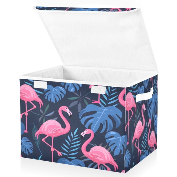 Ryvnso Flamingo Summer Palm Leaves Large Lidded Foldable Storage Baskets Cubes Boxes Lids Bin for Home