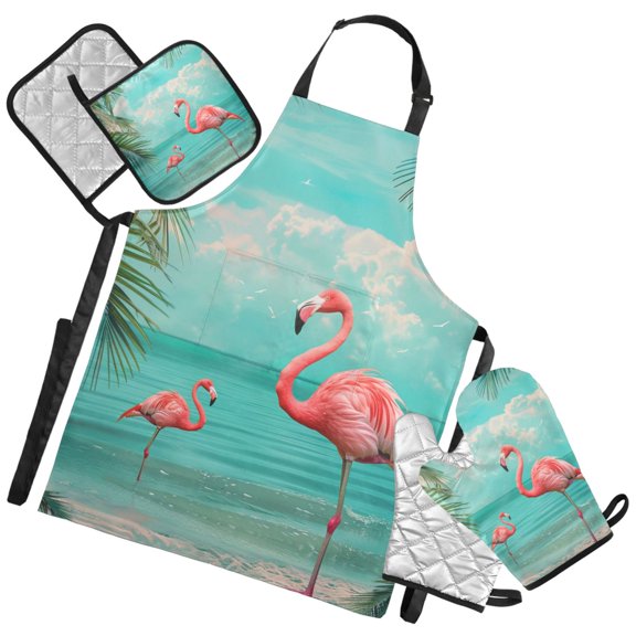 Ryvnso Flamingo Summer Tropical Palm Tree Kitchen Apron Oven Mitts Set Pot Holders