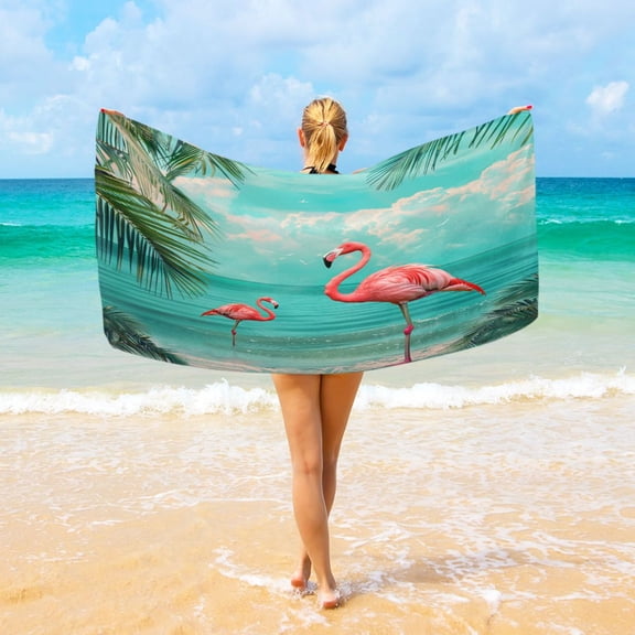 Ryvnso Flamingo Summer Tropical Palm Tree Oversized Beach Towel Microfiber Bath Blankets Swimming Fitness 37" x 74"