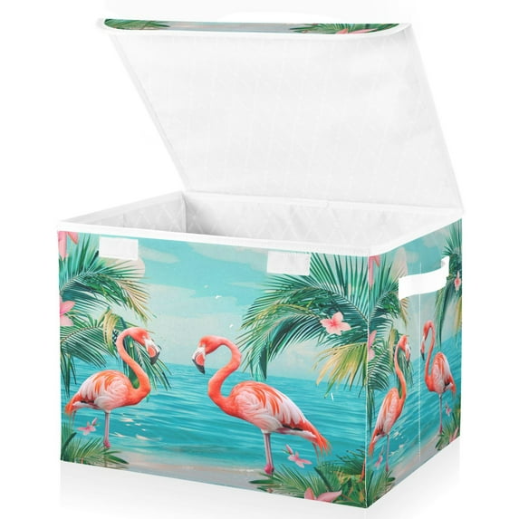 Ryvnso Flamingo Tropical Palm Tree Sea Large Lidded Foldable Storage Baskets Cubes Boxes Lids Bin for Home