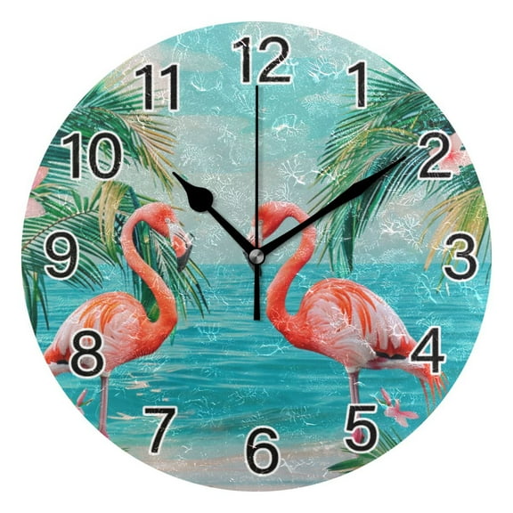 Ryvnso Flamingo Tropical Palm Tree Sea Wall Clock Non Ticking Silent Kitchen Clock Battery Operated Clocks 10 inch