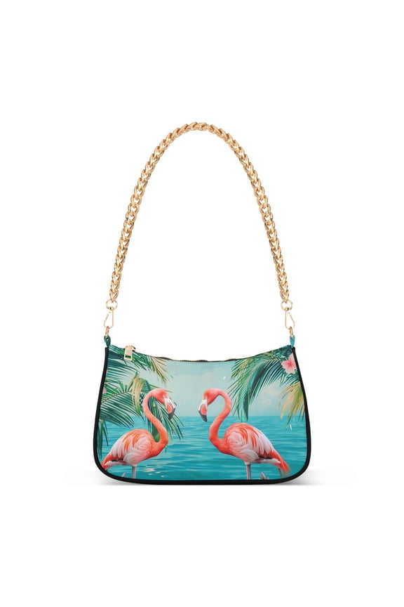 Flamingo Tropical Palm Tree Sea Womens Chain Shoulder Bag Tote Handbags Clutch Hobo Purse with Zipper for Travel