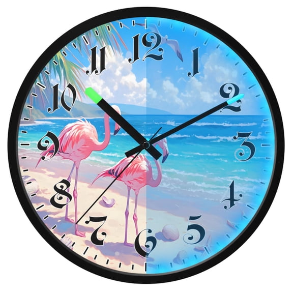 Ryvnso Flamingo and Starfish on Beach 12 Inch Night Light Wall Clock Luminous Silent Battery Operate Clocks