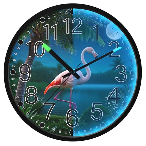 Ryvnso Flamingo at Night 12 Inch Night Light Wall Clock Silent Battery Operated Luminous Clocks