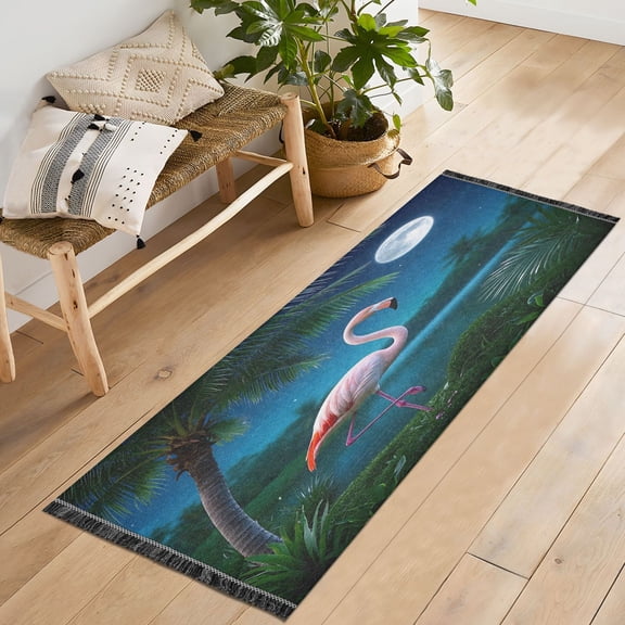 Ryvnso Flamingo at Night Bedroom Runner Rug 2'x6' Hallway Area Carpet Non Slip Entryway Mat with Tassels