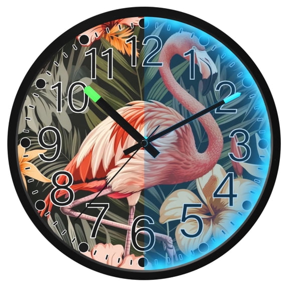 Ryvnso Flamingo in Palm Tree 12 Inch Night Light Wall Clock Silent Battery Operated Luminous Clocks