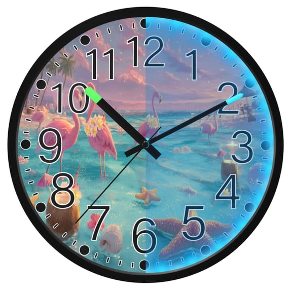 Ryvnso Flamingo on Hawaii Beach 12 Inch Night Light Wall Clock Silent Battery Operated Luminous Clocks