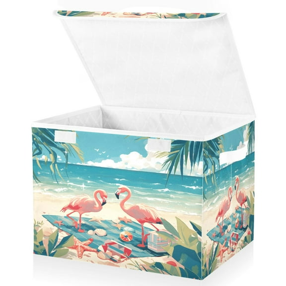 Ryvnso Flamingos Camping Beach Large Lidded Foldable Storage Baskets Cubes Boxes Lids Bin for Home