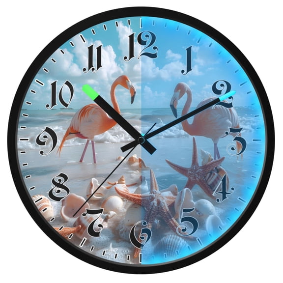 Ryvnso Flamingos Starfish Shells on Beach 12 Inch Night Light Wall Clock Luminous Silent Battery Operate Clocks