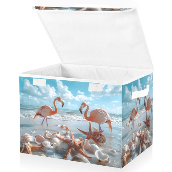 Ryvnso Flamingos Starfish Shells on Beach Large Lidded Foldable Storage Baskets Cubes Boxes Lids Bin for Home