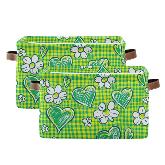 Ryvnso Floral Heart Checkered Grid Storage Basket Large Bin Foldable Boxes Toys Organizer 14.2x10.2x8.3in 2 PCs