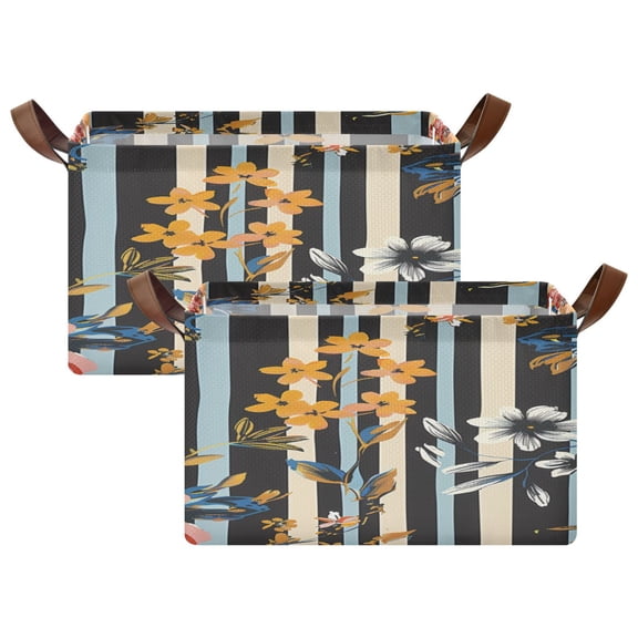 Ryvnso Floral on Colorful Stripe Storage Bins Large Basket Foldable Cube Toys Organizer with Handles 2 PCs