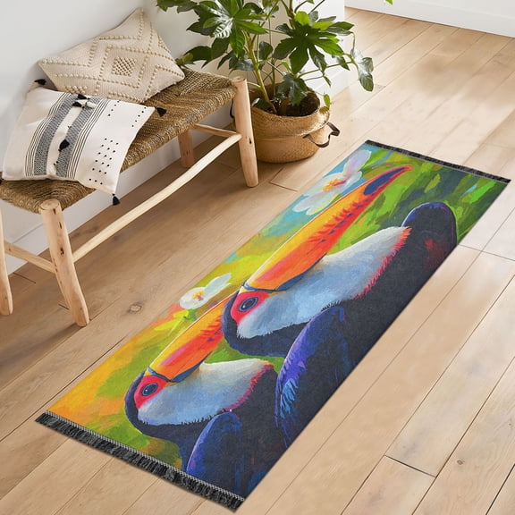 Ryvnso Flower Bird Oil Paint Bedroom Runner Rug 2'x6' Hallway Area Carpet Non Slip Entryway Mat with Tassels