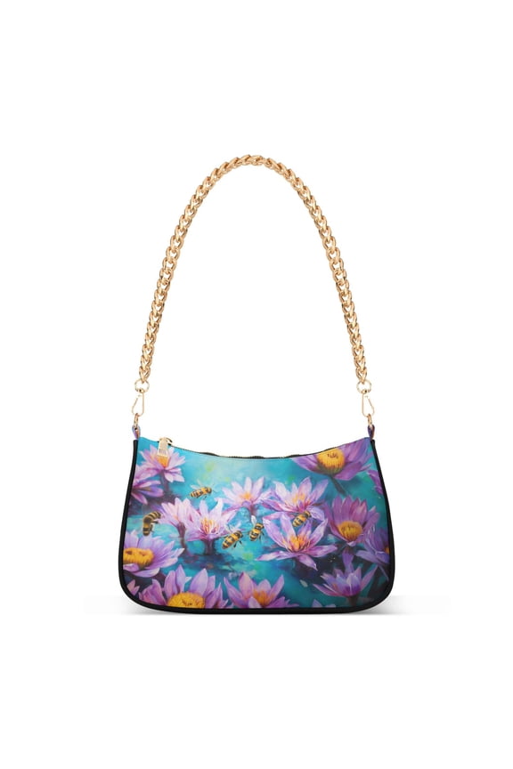 Flower and Bee Womens Chain Shoulder Bag Tote Handbags Clutch Hobo Purse with Zipper for Travel