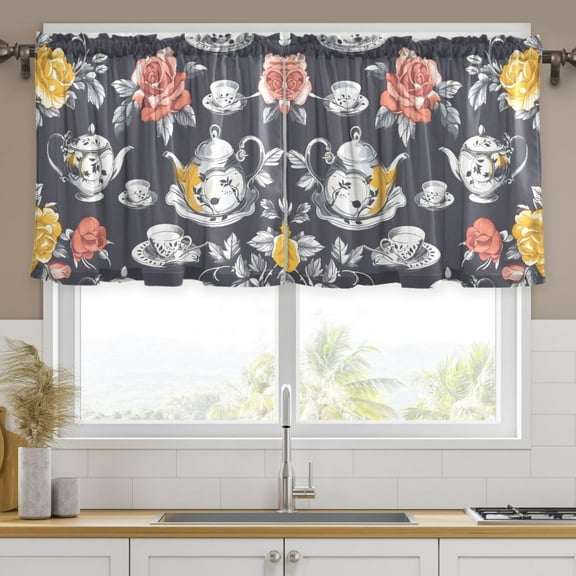 Ryvnso Flower and Teapots Curtains Sets Short Curtain Rod Pocket Half Window Cafe Farmhouse Tier 2 Panels 57"W x 24"L