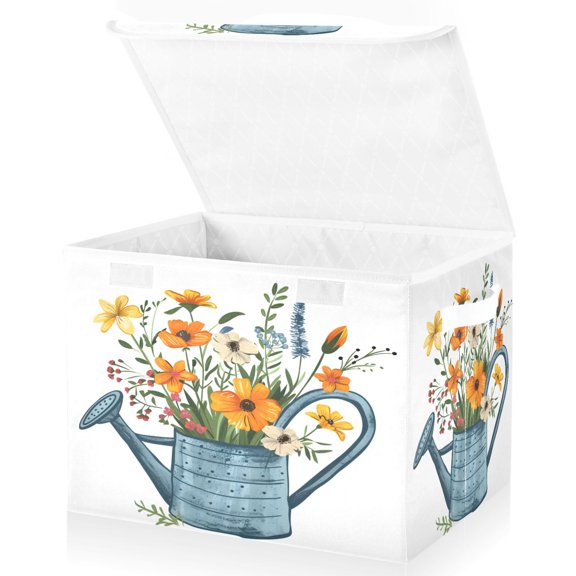 Ryvnso Flower in Metal Kettle Large Lidded Foldable Storage Baskets Cubes Boxes Lids Bin for Home