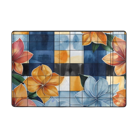 Ryvnso Flower on Checkered Grid Pattern Area Floor Mats Large Nursery Rugs Non-Slip Carpets Doormat 36" x 24"