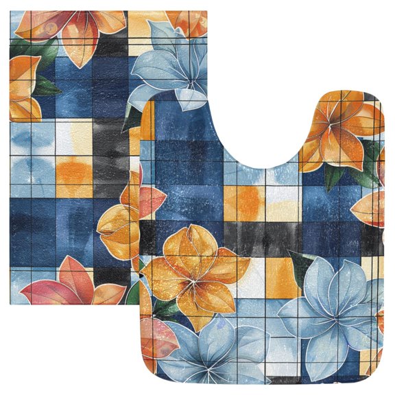 Ryvnso Flower on Checkered Grid Pattern Bathroom Shaggy Rugs Toilet Mat Soft Contour Rug