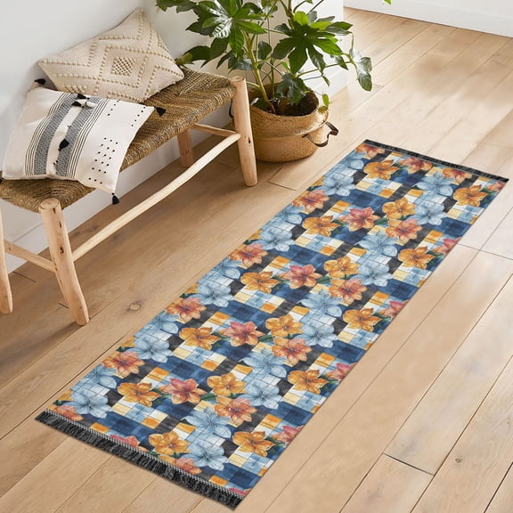 Ryvnso Flower on Checkered Grid Pattern Bedroom Runner Rug 2'x6' Hallway Area Carpet Non Slip Entryway Mat with Tassels