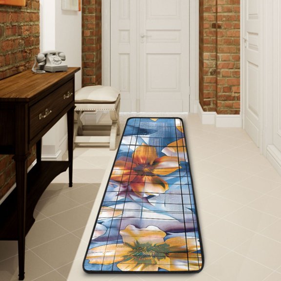 Ryvnso Flower on Grid Abstract Hallway Runner Rugs Floor Carpet Non Slip Entryway Mat 2' x 6'