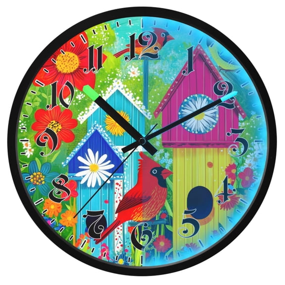 Ryvnso Flowers Birdhouses Cardinal 12 Inch Night Light Wall Clock Luminous Silent Battery Operate Clocks