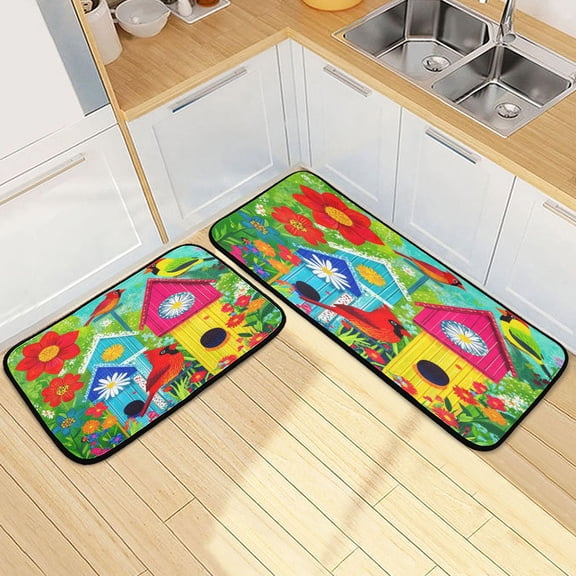 Ryvnso Flowers Birdhouses Cardinal Kitchen Rugs Set Non Slip Runner Mats for Dining Room