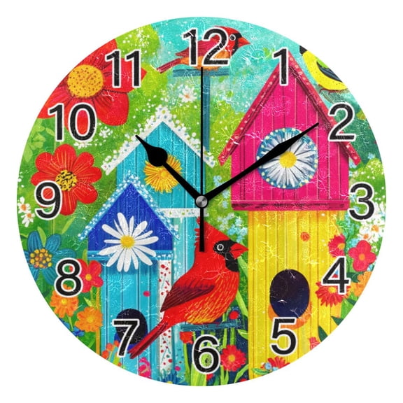 Ryvnso Flowers Birdhouses Cardinal Wall Clock Non Ticking Silent Kitchen Clock Battery Operated Clocks 10 inch
