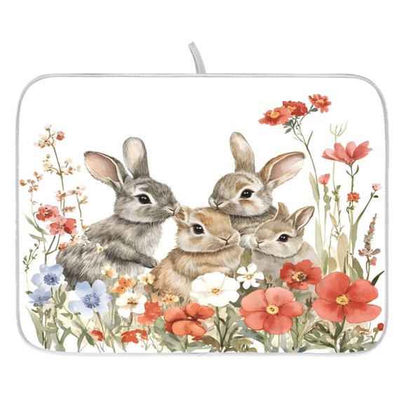 Ryvnso Flowers Bunny Dish Drying Mat for Kitchen Countertop 18x24 Large Dish Pad Drainer Rack Dish Sink Mats