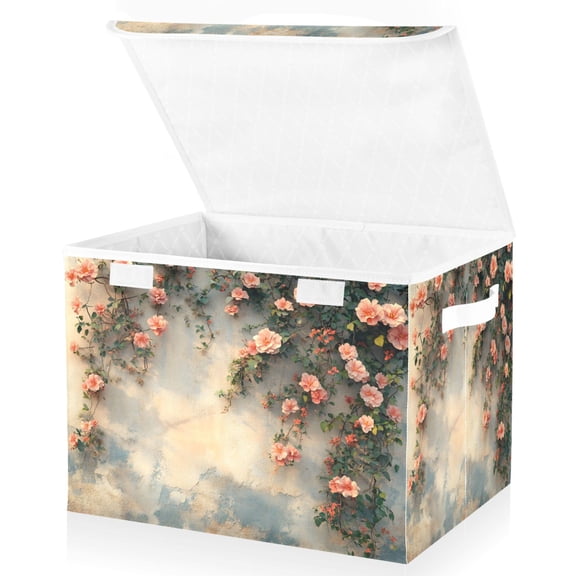 Ryvnso Flowers on Wall Large Lidded Foldable Storage Baskets Cubes Boxes Lids Bin for Home