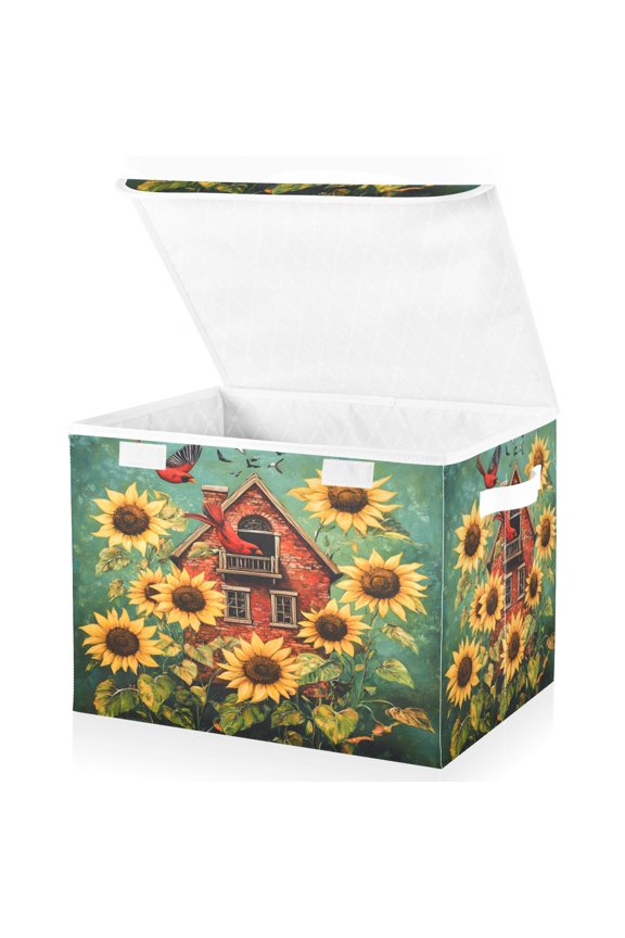 Flying Cardinal Sunflower Large Lidded Foldable Storage Baskets Cubes Boxes Lids Bin for Home