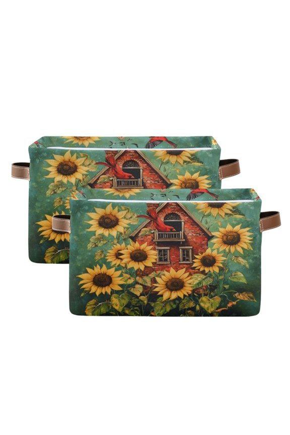Flying Cardinal Sunflower Storage Basket Large Bin Foldable Boxes Toys Organizer 14.2x10.2x8.3in 2 PCs