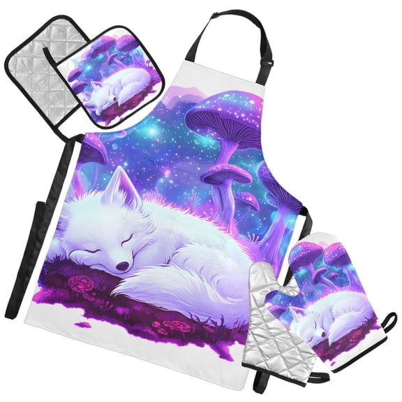 Ryvnso Fox Dreamy Mushroom Kitchen Apron Oven Mitts Set Pot Holders