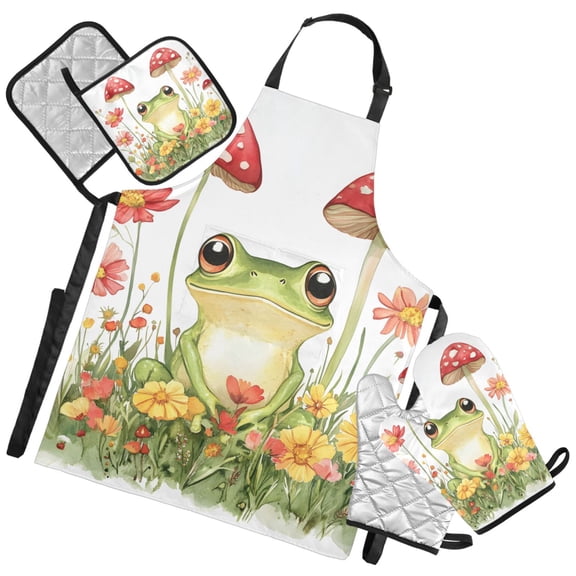 Ryvnso Frog Mushrooms Kitchen Apron Oven Mitts Set Pot Holders
